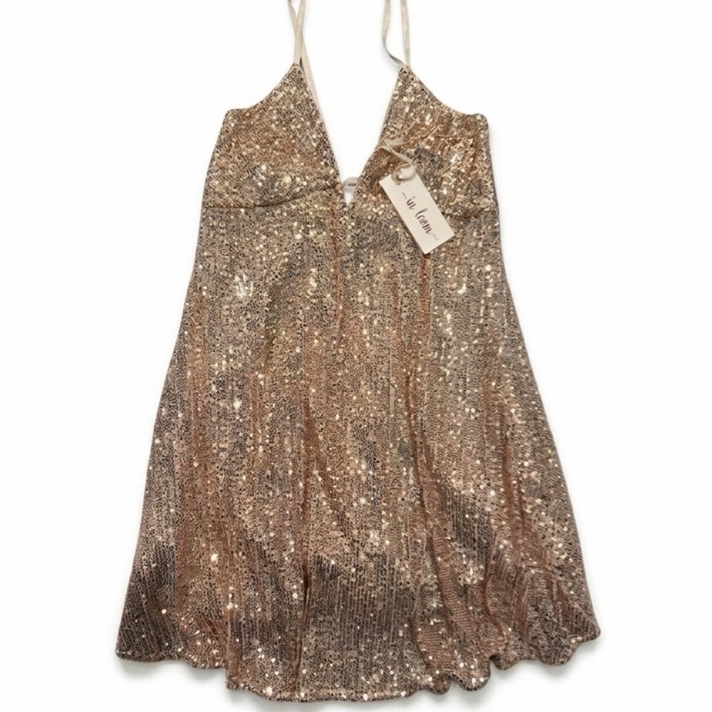 In Loom Rose Gold Sequin V-Neck Sleeveless Cocktail Dress Womens Small